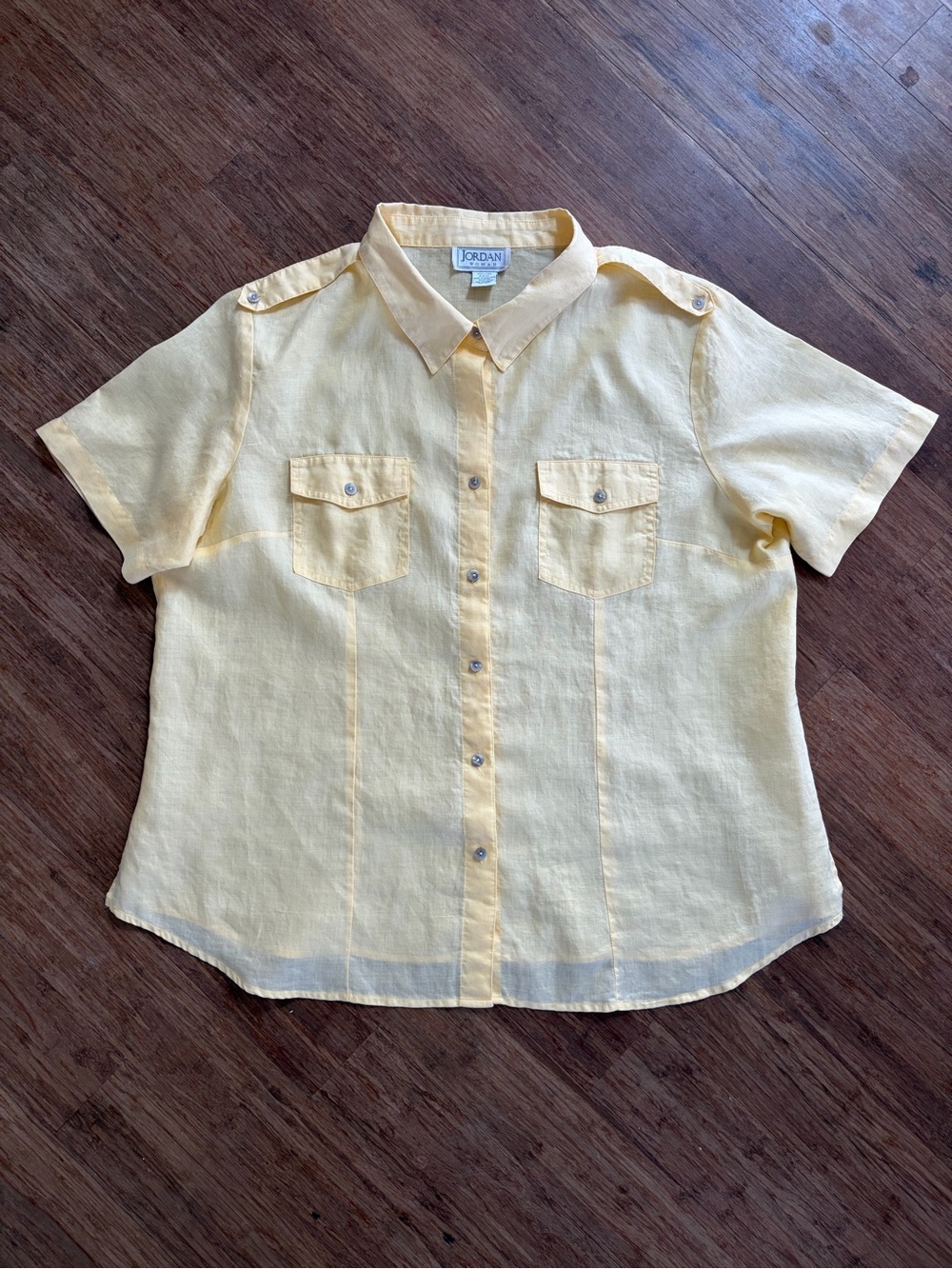 Vintage Jordan Woman 100% Linen Pale Yellow Safari Button Down Shirt Sz 3X